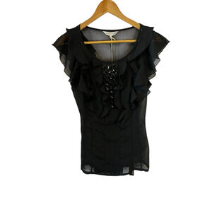 New With Tags Women's ROCHA.JOHN ROCHA Black Ruffled Embellished Blouse Size 10